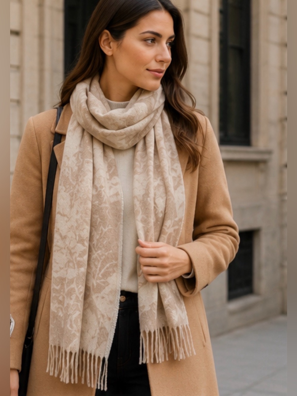 Bloomingdale’s 100% Cashmere Floral Jacquard Fringe Scarf Beige 66” x 13”